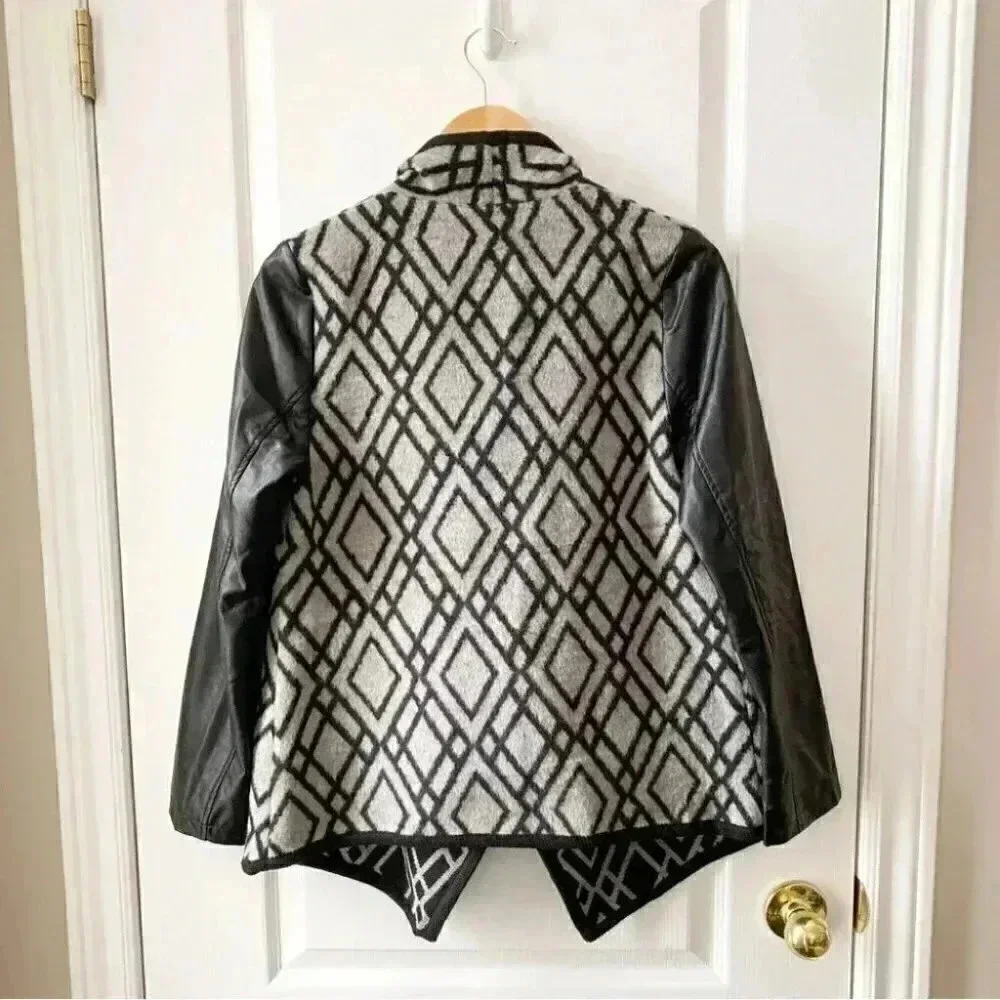 Pink  Martini Jacket Faux Leather Wool Open Front Draped Moto Black Grey Small - Picture 4 of 16